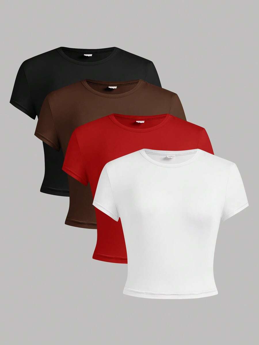 SHEIN Girlism Bộ 4 áo thun ngắn tay dáng ôm, màu trơn, dành cho nữ tuổi teen. - Đỏ - Xem 1