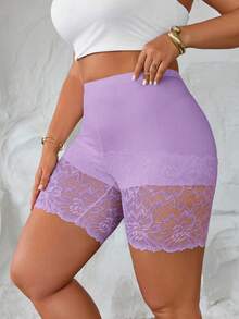 Elenzga Quần legging nữ cỡ lớn phong cách tối giản thường ngày, quần ngắn bó sát phối ren dệt kim tương phản, chất liệu mềm mại, thoải mái, thân thiện với da. - Màu tím - Xem 5