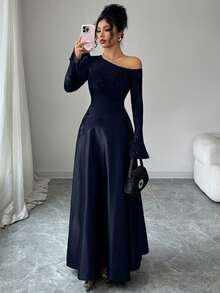 Modelyn Women's Autumn Brown Sexy Asymmetrical Shoulder Mesh Embroidered Long Sleeve High Waist A-Line Dress - Navy Blue - View 5