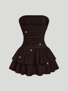SHEIN Sweetro Đầm dự tiệc cỡ lớn dành cho nữ, kiểu quây ngực, xếp ly đôi, có bèo nhún, thắt eo. - màu nâu - Xem 2
