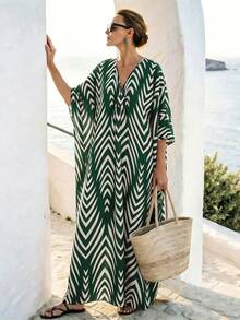 SHEIN Holidaya Đầm dài nữ kiểu dáng cổ điển, rộng rãi, cổ chữ V sâu, thích hợp cho kỳ nghỉ biển. - màu xanh lá - Xem 1
