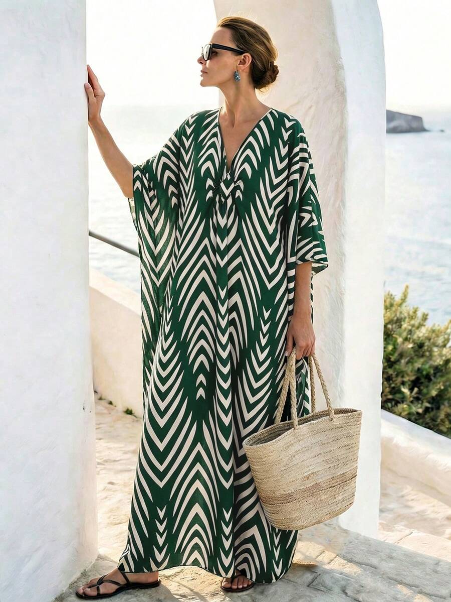 SHEIN Holidaya Đầm dài nữ kiểu dáng cổ điển, rộng rãi, cổ chữ V sâu, thích hợp cho kỳ nghỉ biển. - màu xanh lá - Xem 1