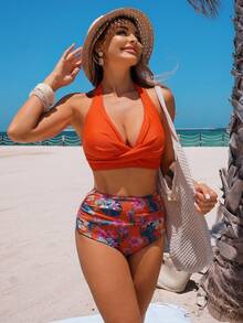 Swim Lushoire Women's Summer Beach Tropical Plant Print Halter Tie Sexy Bikini Swimsuit Set - Burnt Orange - View 10