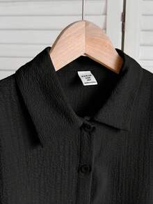 SHEIN Tween Girl Tween Girl Comfortable Textured Solid Color Woven Casual Cropped Shirt Black - Black - View 7