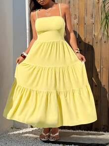 Sunnyshic Plus Size Fashionable Versatile Casual Vacation Textured Strapless Backless Dress, Spring/Summer - Yellow - View 3