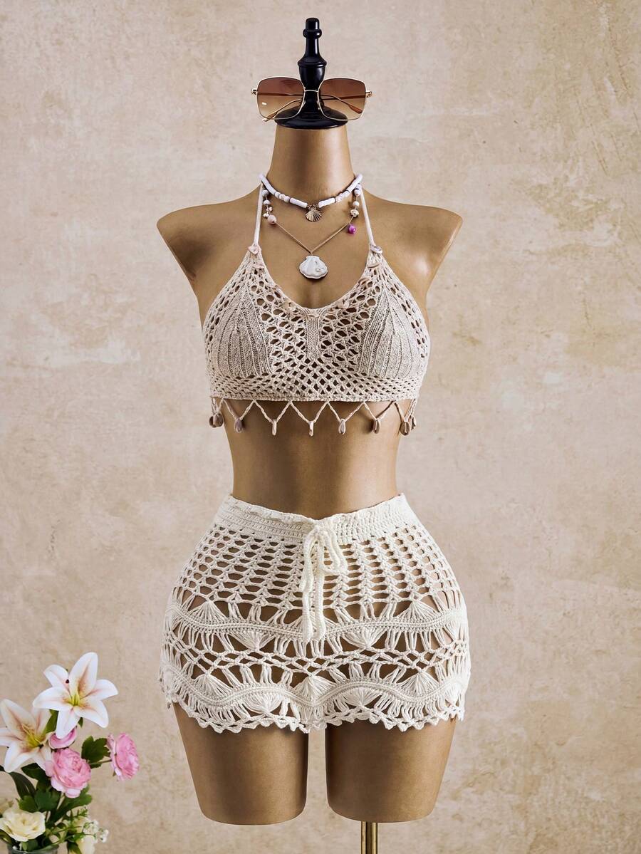 Bellisia Falda de ganchillo minimalista y versátil para mujer, ideal para la playa, primavera y vacaciones de verano - Blanco - Ver 1