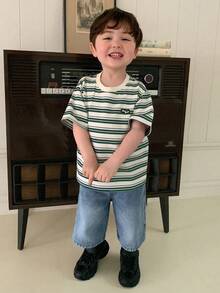 Hapijoa 男嬰休閒圓領條紋皮革貼飾短袖T恤 幼兒 - 綠色 - 查看 3