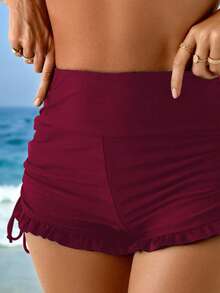 Swim Lushoire Quần bơi nữ mùa hè kiểu dáng thường ngày đi biển, có dây rút bên hông và viền bèo nhún. - Màu Đỏ Sâu - Xem 5