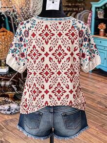 Linhara Kemeja Kerah Potongan Motif Bunga Ukuran Besar - Merah - View 2