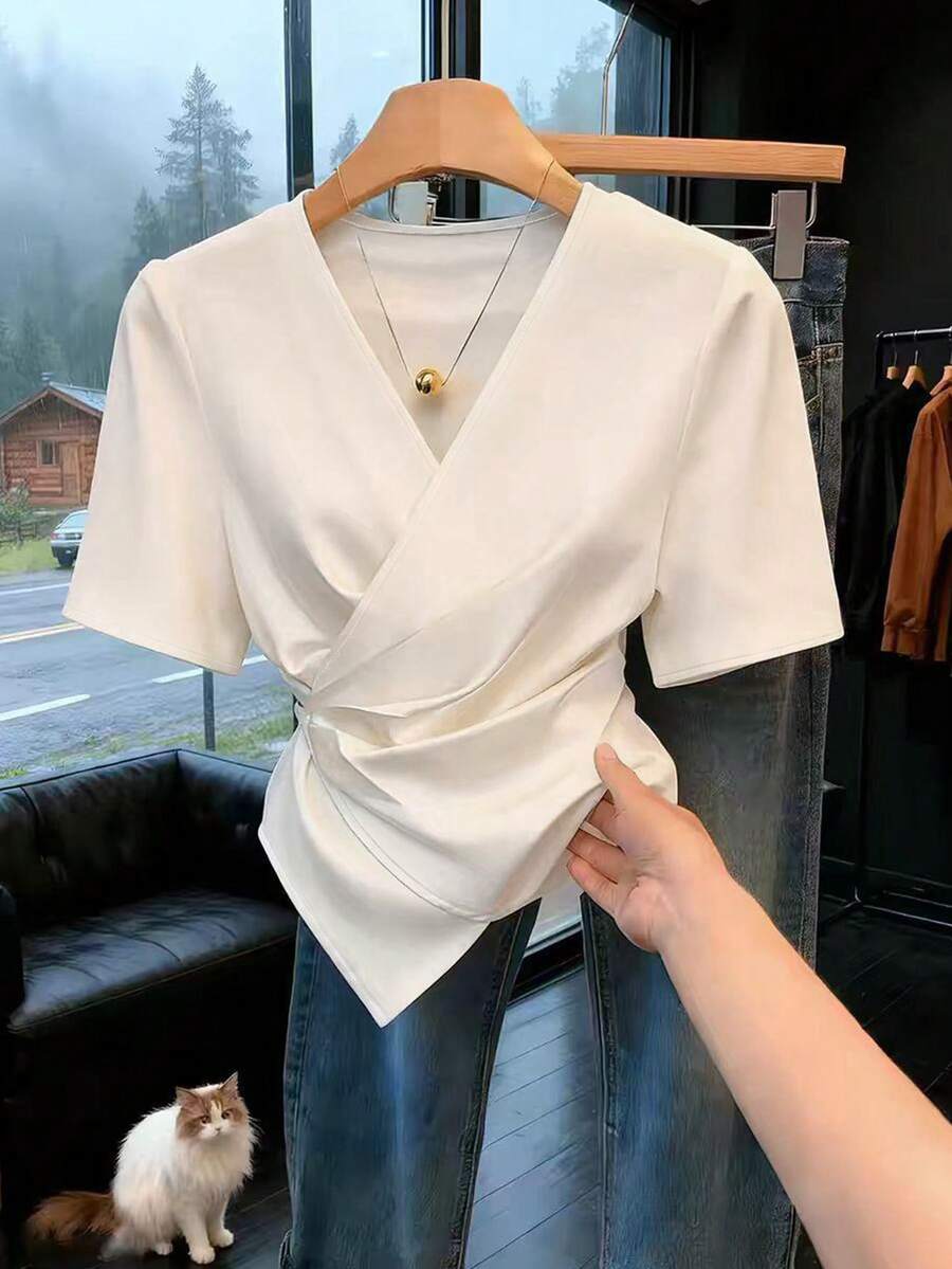 GlowEve V领交叉裹身褶皱腰部系带袖女式衬衫 - 白色 - 查看 1