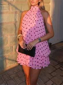 Aloruh Vestido mini elegante de mujer con cuello de halter y corbata en color amarillo claro - Rosa - Ver 1
