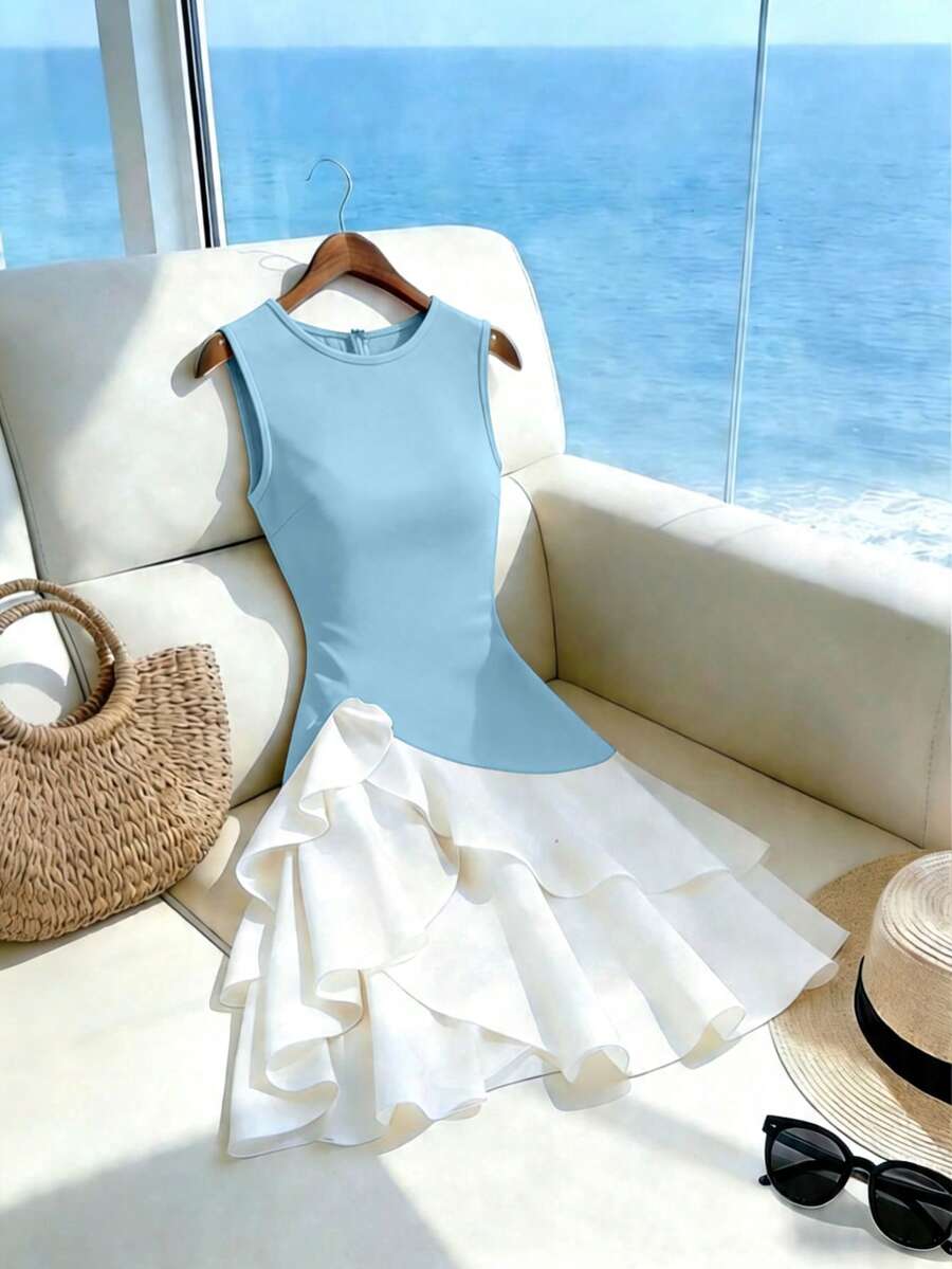 Franclia Đầm nữ thanh lịch, sang trọng, kiểu dáng nghỉ mát, phối màu tương phản, không tay, xếp ly, thắt eo, thích hợp cho mùa hè. - Màu xanh nhạt - Xem 1