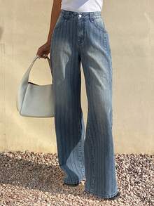 Livesso Quần jean nữ ống rộng cạp cao dáng suông, chất liệu denim mài, kiểu dáng thường ngày. - Màu xanh lam - Xem 4