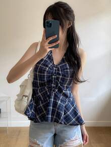 DAZY 格子无袖V领喇叭形休闲度假夏季上衣，女士背心外套 - 藏蓝色 - 查看 8