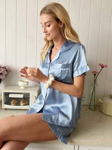 Snug Reverie Elegant Embroidered Ruffle Silky Satin Lapel Short Sleeve Shorts Pajama Set For Women Lounge Aqua Blue Summer - Baby Blue - View 5