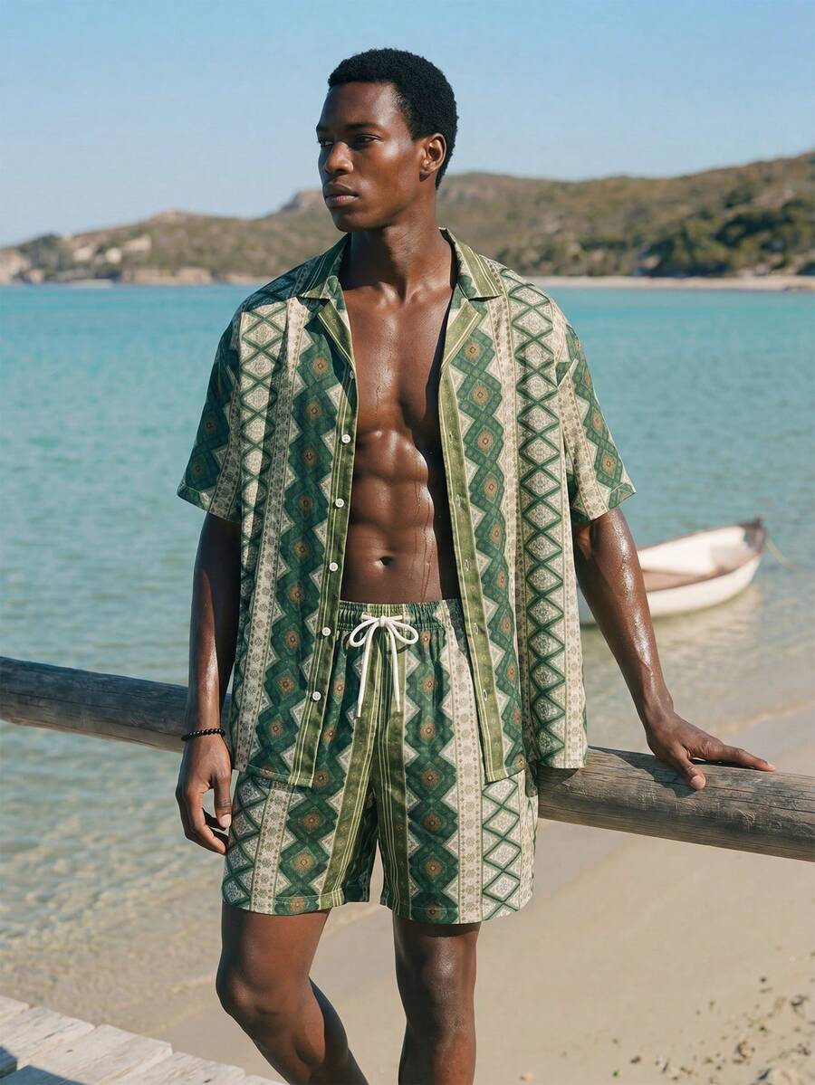 Palasendo Men's Summer Vacation Floral & Geometric Print Short Sleeve Shirt And Drawstring Waist Shorts Beach Outfit - Multicolor - View 1
