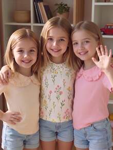 Elladie kids 3件裝少女休閒彼得潘領短袖T恤，彼得潘領花卉印花白色夏季校園風粉色黃色輕盈布料質感 - 彩色 - 查看 6