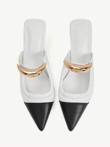 CUCCOO CHICEST Women's Elegant Gold Crescent Moon Decor Pointed Toe Stiletto Heel Pumps, Suitable For Work, Formal Occasions, Office Outfit, Mule Shoes, White PU Spring Break Easter For Christmas - Black and White - View 2