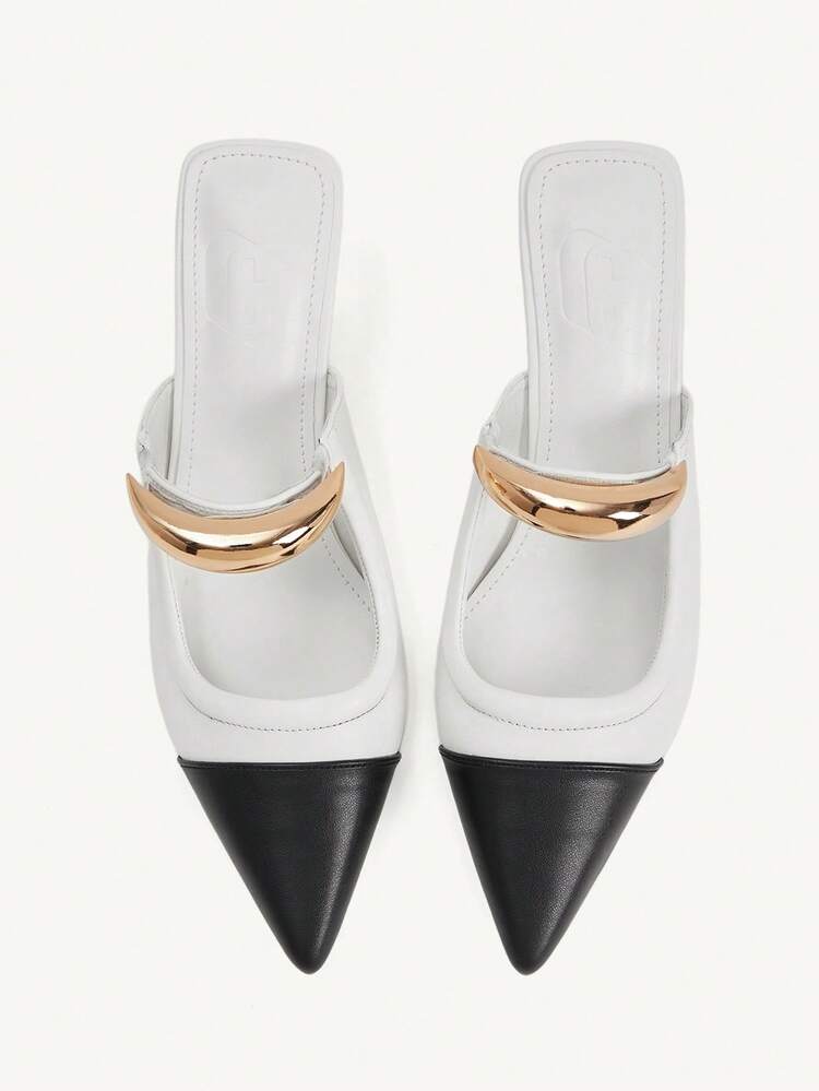 CUCCOO CHICEST Women's Elegant Gold Crescent Moon Decor Pointed Toe Stiletto Heel Pumps, Suitable For Work, Formal Occasions, Office Outfit, Mule Shoes, White PU Spring Break Easter For Christmas