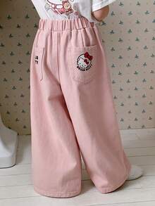Dazy Kids HELLO KITTY | DAZY Celana Jeans Lurus Motif Kucing KT Lucu untuk Anak Perempuan - Berwarna merah muda - View 3