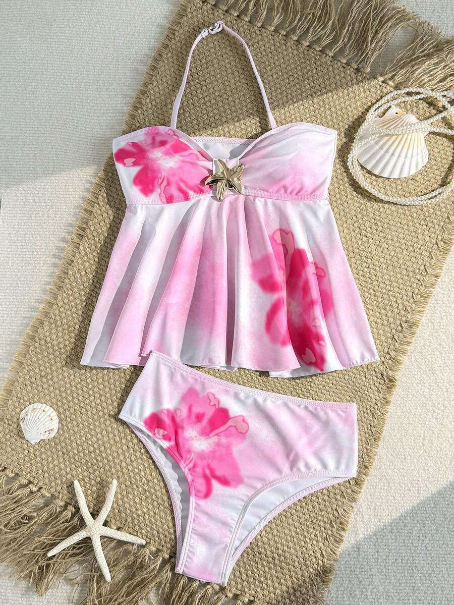 Tween Girl Floral Print Tie-Dye Halter Tankini Swimsuit Set - Apricot - View 1