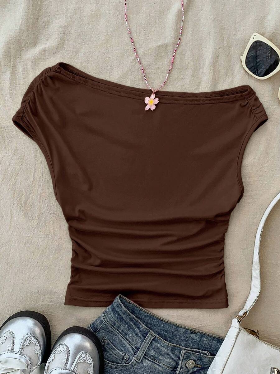 Atasan Crop Top Rajut Putih Minimalis Motif Polkadot Asimetris dengan Detail Kerut untuk Remaja Perempuan, Cocok untuk Musim Semi/Panas, Gaya yang Dipersonalisasi, Pakaian Sehari-hari - Coklat - View 1