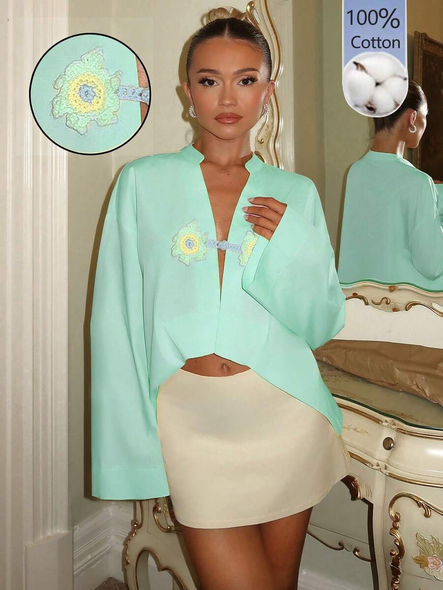 Glamine Charm Áo sơ mi dài tay dệt kim màu vàng nhạt họa tiết hoa, cài cúc, thích hợp mặc mùa hè cho nữ, áo kiểu dự tiệc thanh lịch, đồ đi biển, áo thường ngày cho nữ, áo sơ mi nữ màu vàng nhạt. - Màu xanh bạc hà - Xem 1