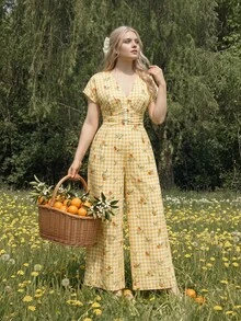 SHEIN MOD Bộ áo liền quần cỡ lớn dành cho nữ, thích hợp cho kỳ nghỉ hè ở vùng quê, đi biển, màu vàng kẻ caro, in hình trái cây, cổ chữ V, eo nhún, ống rộng. - Màu vàng - Xem 2
