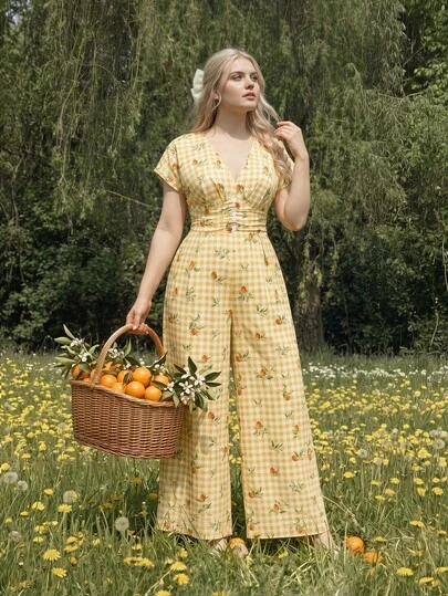 SHEIN MOD Bộ áo liền quần cỡ lớn dành cho nữ, thích hợp cho kỳ nghỉ hè ở vùng quê, đi biển, màu vàng kẻ caro, in hình trái cây, cổ chữ V, eo nhún, ống rộng.