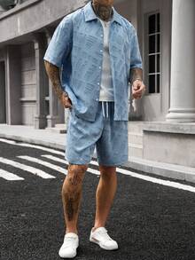 Manfinity Homme Men's Cut-Out Fabric Front Button Short Sleeve Shirt And Drawstring Waist Shorts Set - Multicolor - View 3
