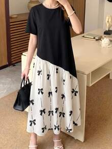SHEIN 少女宽松蝴蝶结印花拼接圆领短袖A字中长连衣裙，适合春夏、返校、约会、派对、度假等场合。 - 黑與白 - 查看 3