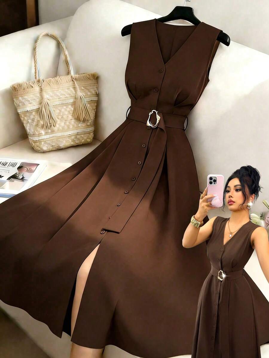 Elenzga Áo khoác cardigan dệt kim không tay cổ chữ V mới dành cho nữ, điểm nhấn là vòng kim loại, kiểu dáng thanh lịch, thích hợp mặc lâu dài. - màu nâu - Xem 1