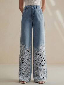 Anewsta Women's Fashionable Luxurious Sexy Hollow Embroidered Romantic Valentine's Day Party Vacation Blue Straight Leg Jeans, Spring/Summer - Blue - View 6