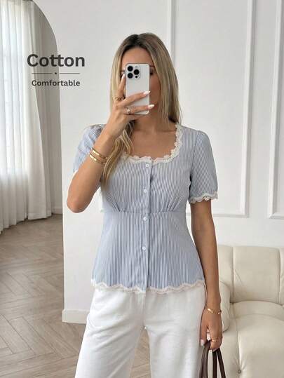 Easowa 方领花瓣袖蕾丝拼接条纹短款上衣，纽扣前襟衬衫，休闲宽松优雅通勤度假女式上衣，春夏款