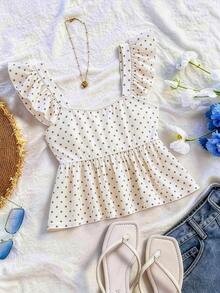 SHEIN Franclia Áo thun nữ chấm bi xếp ly, kiểu dáng thường ngày, đa năng. - Màu be - Xem 2