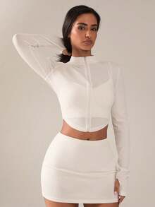 SHEIN BAE 女士纯色长袖拉链运动夹克 - 白色 - 查看 3