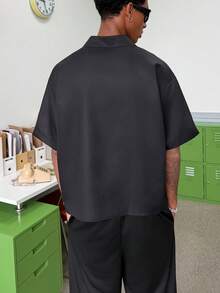 STEELVANCE 男士休闲宽松拉链撞色短袖衬衫 - 黑色 - 查看 2