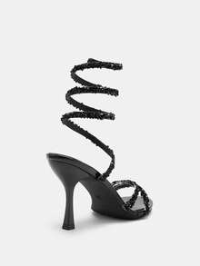 Glitzique Sandalias de tacón alto sexy, sandalias de moda con tiras en espiral y adornos de cristal para fiestas, atuendos de verano - Lentes negros - Ver 7