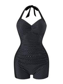 Swim Vcay Neck-Tie Polka Dot Print & Solid Color Splice One-Piece Swimsuit For Women - Multicolor - View 5