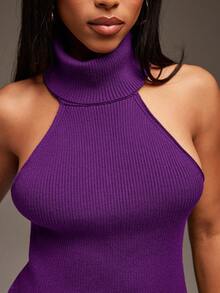 Denimoi Atasan Halter Tanpa Lengan Leher Tinggi dengan Cincin O, Atasan Sweater, Atasan Tanpa Punggung, Sweater Leher Kura-kura - Bold Plum - View 5