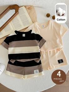 LMoss Kids Conjunto de 4 piezas para bebé niño con top de manga corta de cuello redondo suave de punto a rayas y pantalones cortos de cintura elástica - Multicolor - Ver 3