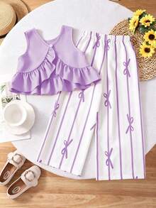 SHEIN Elladie kids Young Girl Solid Color Ruffle Back Tank Top And Striped Pants Casual 2-Piece Set - Purple - View 5