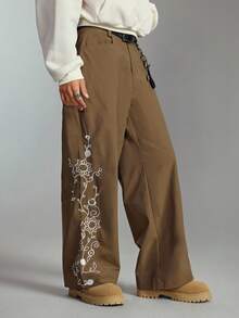 ROMWE MEN Street Life Men's Casual Everyday Floral Embroidery Slant Pocket Pants - Khaki - View 5