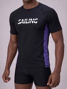 ZELFYO Men's Simple Print Short Sleeve Rashguard Set,Black Summer Atletic Beach Swim Shirt,Shorts,Sun Protection Swimwear,Surf Swimming Sets,Cruise Clothing - Black - View 3