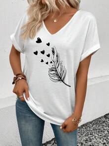 EMERY ROSE Women's V-Neck Short Sleeve Turnover Cuff Feather Print Casual Versatile T-Shirt, Spring/Summer - White - View 3