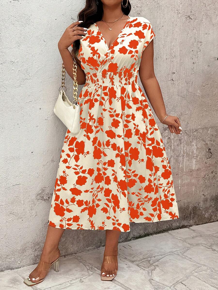 SHEIN Clasi Plus Size Women Vacation Plant Print Waist Tie Dress - Orange - View 1