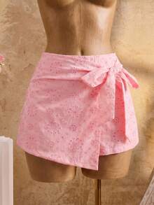 Bellisia Vacation Casual Solid Color Eyelet Embroidered Lace Up Wrap Mini Skirt', Woman S Summer Clothes, Women Short - Pink - View 1