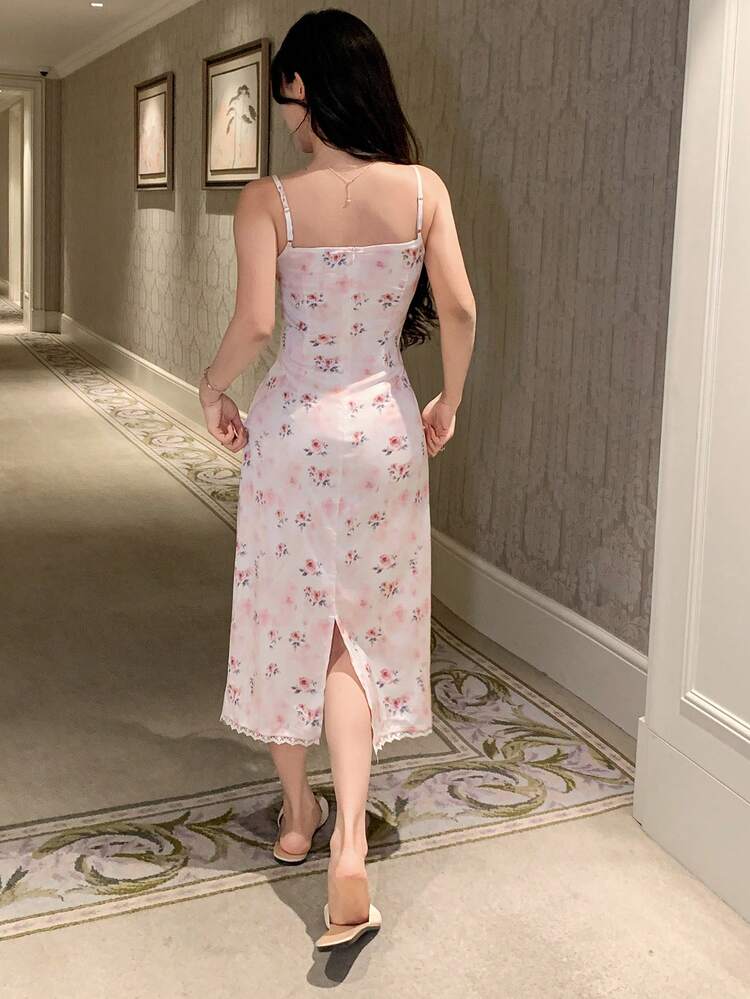 Women's Floral Print Lace Trim Casual Everyday Sleeveless Nightgown