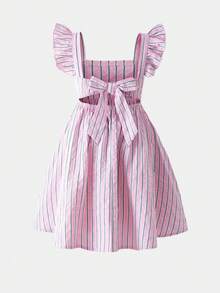 SHEIN Đầm bé gái mùa hè, phối màu sọc, xếp lớp, bèo nhún, hở tay, lưng hở, thắt nơ phía trước, đầm bé gái có nơ sau, đầm hè cho bé gái, đầm trẻ em, đầm ngắn kẻ sọc hồng trắng cho bé gái, trang phục thường ngày cho bé gái với thiết kế nơ. - Hồng - Xem 3