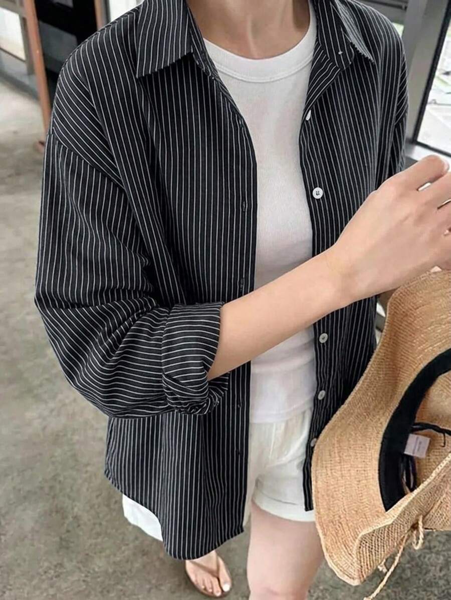 DAZY 女士条纹单排扣休闲百搭日常衬衫 - 黑色 - 查看 1